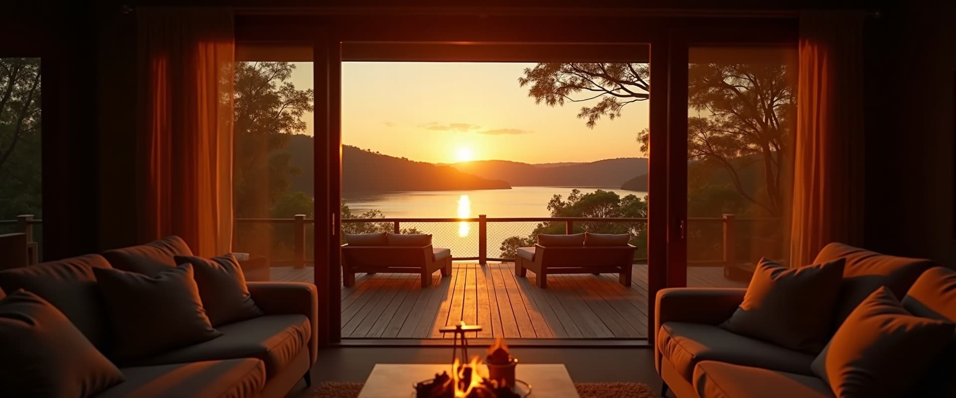 Interior aconchegante de casa na represa ao pôr do sol