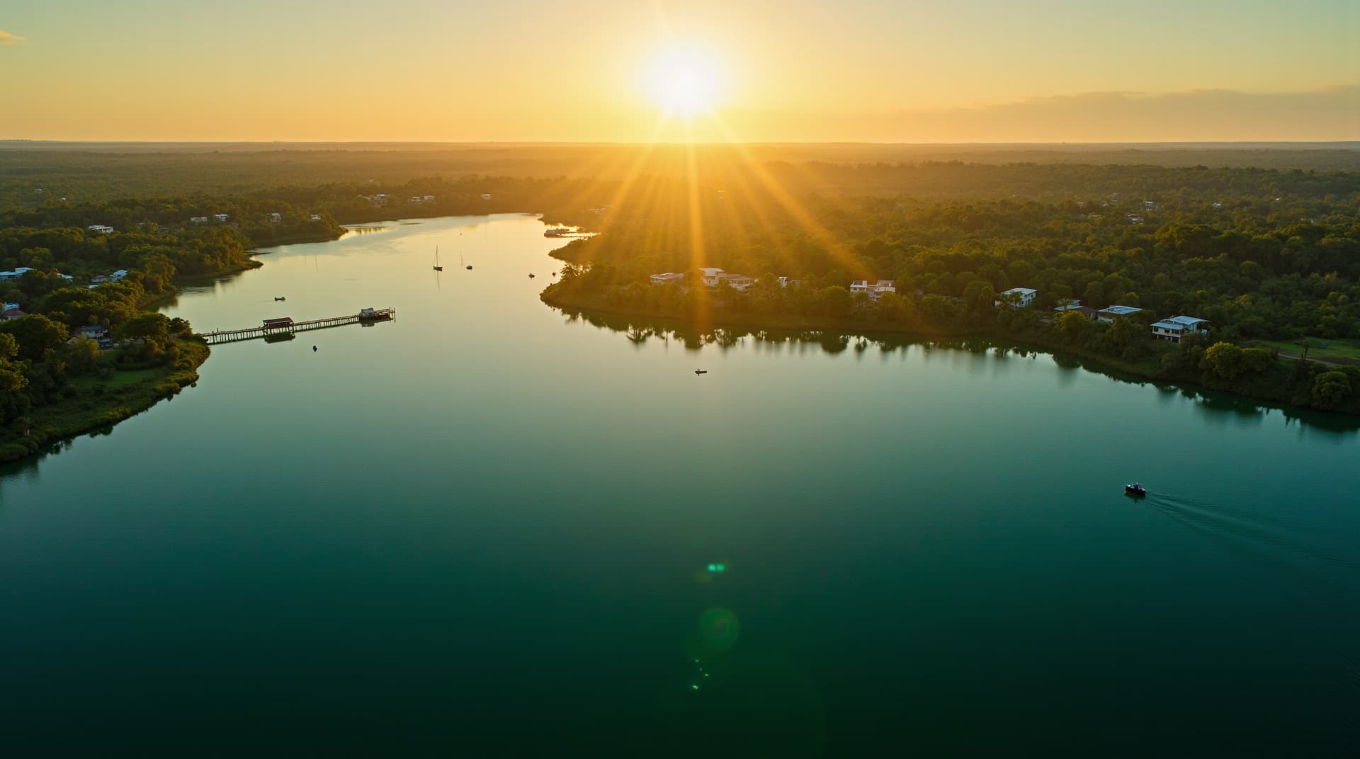 Vista aérea de represa brasileira ao pôr do sol com águas calmas e vegetação tropical